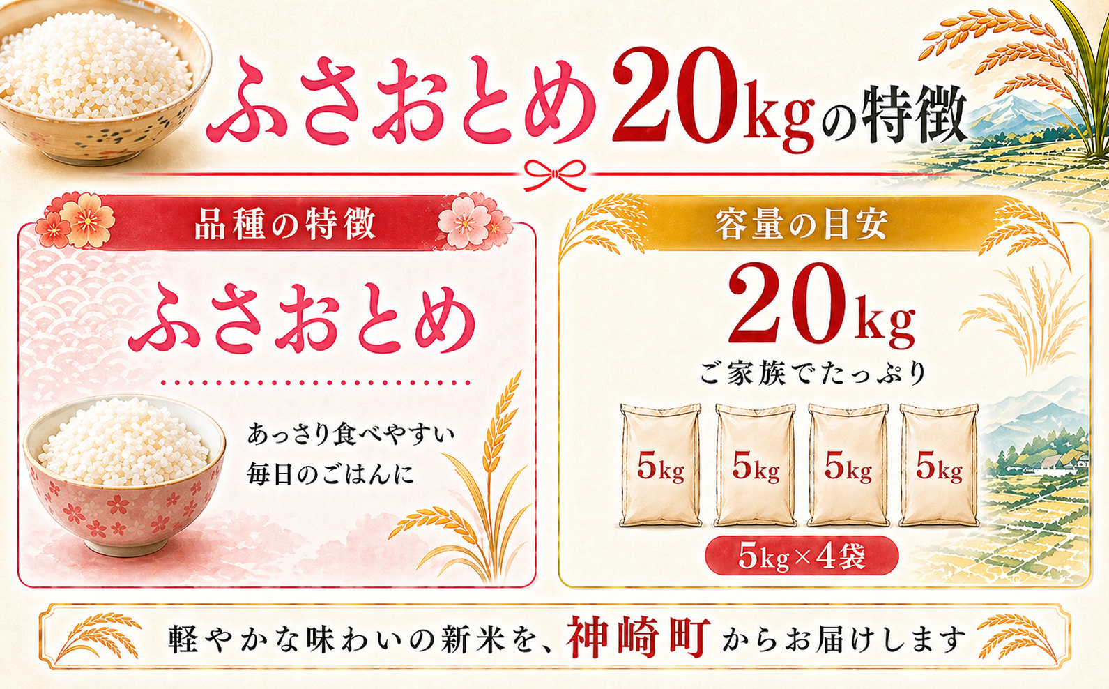 【ふるさと納税】【令和8年産 新米先行予約】米 20kg 千葉県神崎町産 ふさおとめ 白米（5kg×4袋） 早場米 あっさり 食べやすい たっぷり 家庭用 [025-a022]
