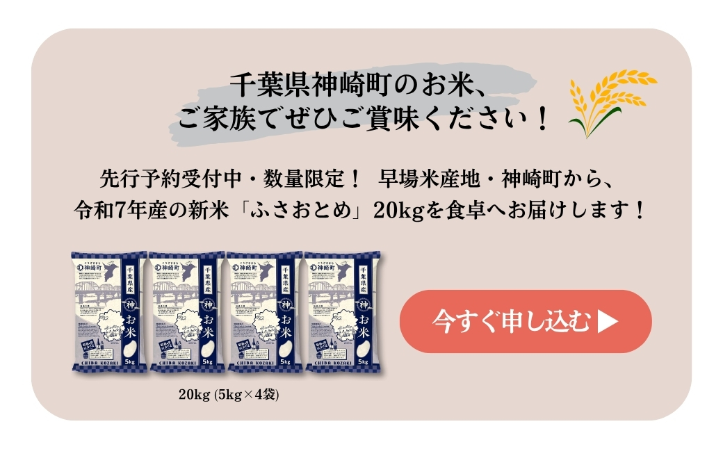 《先行予約・令和7年産米》千葉県神崎町産ふさおとめ20kg（5kg×4袋）｜早場米産地のお米を食卓へ｜9月以降順次発送予定｜数量限定【精米 米 お米 お米 白米 ご飯 白ごはん 弁当 5キロ 10キロ 20キロ 千葉県 神崎町 ふるさと納税】 [025-a002]