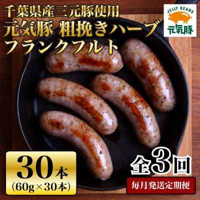 【毎月定期便】元気豚 粗挽きハーブフランクフルト 30本セット 1.8kg(60g×30本)全3回【配送不可地域：離島・沖縄県】【4055501】