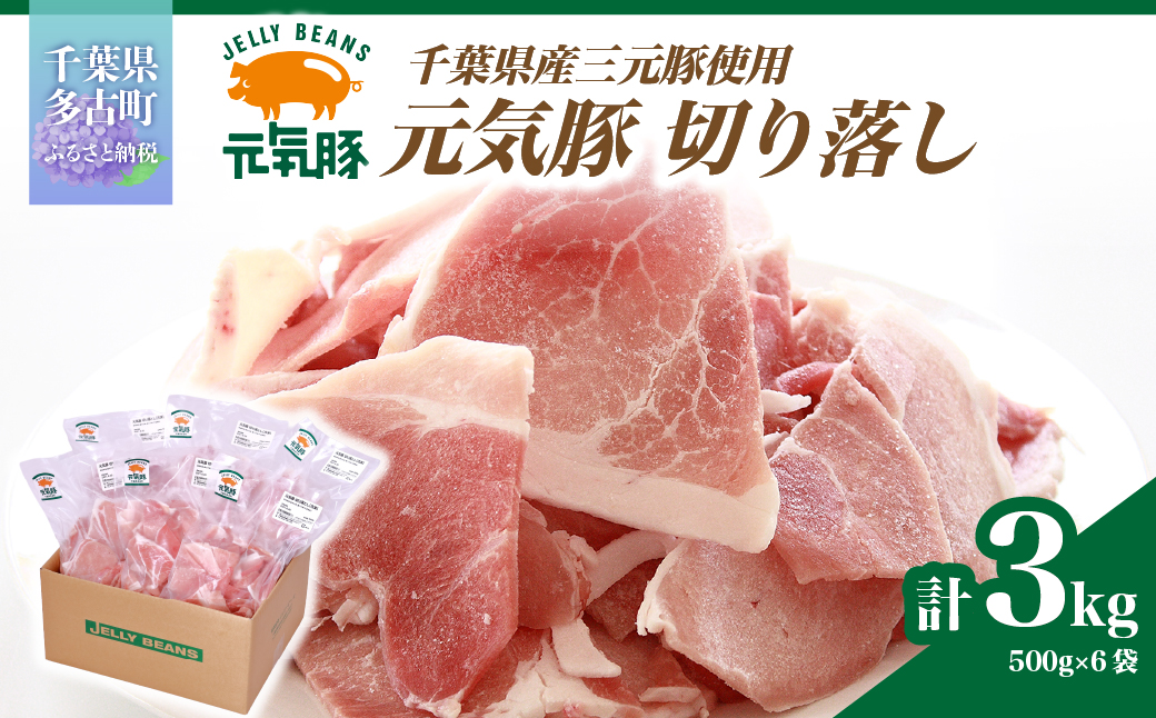【小分けで便利】国産 元気豚 切り落とし 3kg(500g×6袋)　千葉県産三元豚　パラパラ凍結【配送不可地域：離島・北海道・沖縄県】　 TAKB011