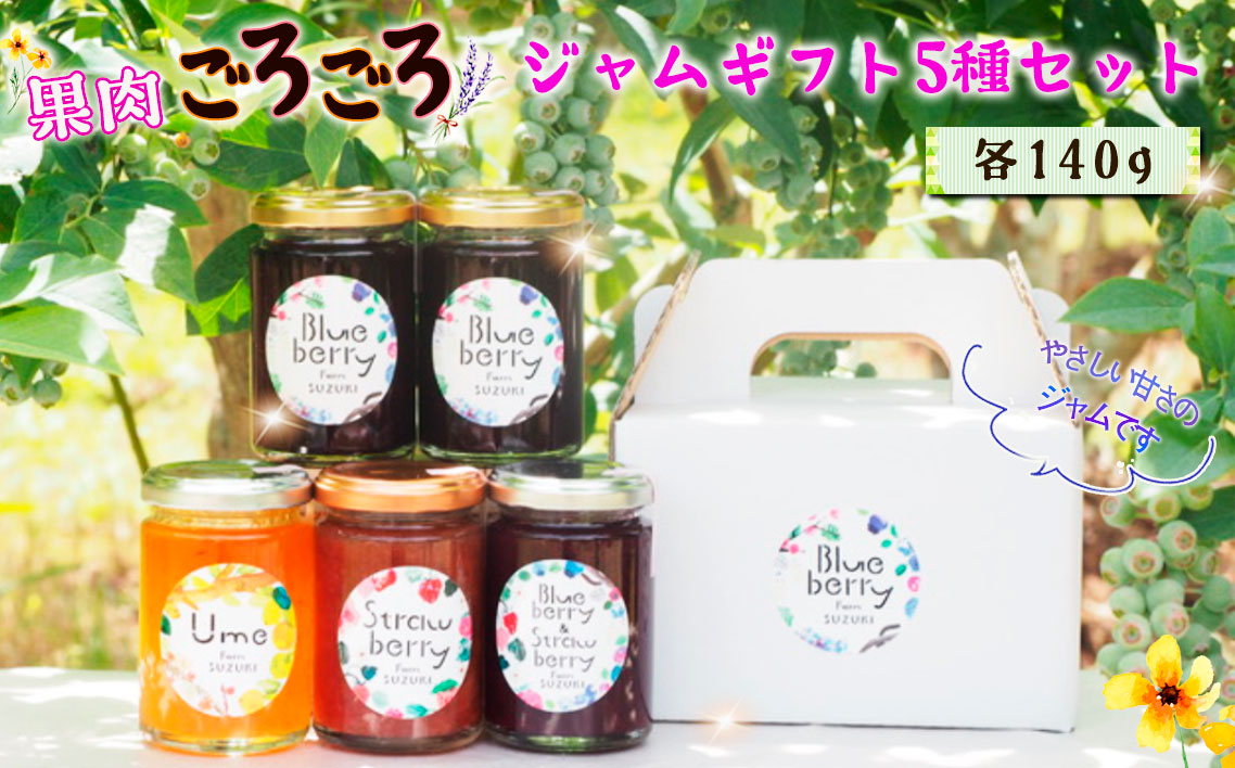 果肉ごろごろ！ジャムギフト5種セット ／ ジャム 食べ比べ フルーツジャム 果肉ごろごろ 果肉たっぷり ギフトセット 朝食 パンのお供 ヨーグルト トースト お取り寄せ 手作りジャム ブルーベリージャム いちごジャム 梨ジャム 梅ジャム ミックスジャム 保存料不使用 着色料不使用 贈答用 千葉県 No.096