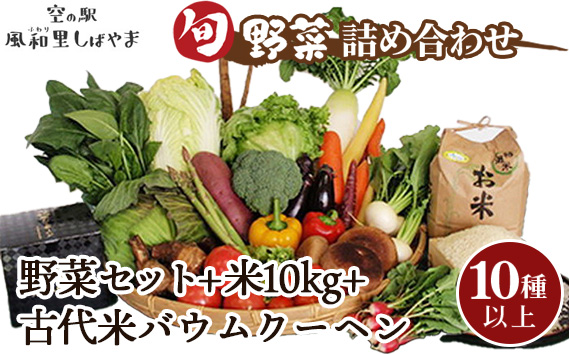 No.074 野菜セット10種以上＋米10kg＋古代米バウムクーヘン