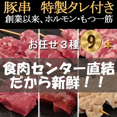 [豚串3種×3本]合計9本【おまかせセット】新鮮!カシラ・タン・ハツ・レバー・シロ・ハラミ・テッポウ【配送不可地域：離島・沖縄県】【1490763】