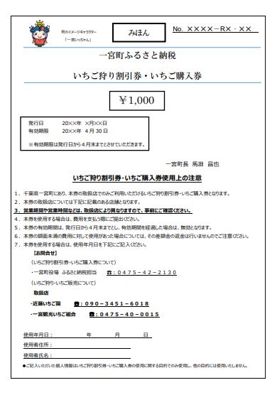 いちご狩り割引券・いちご購入券　３枚（3,000円分）
