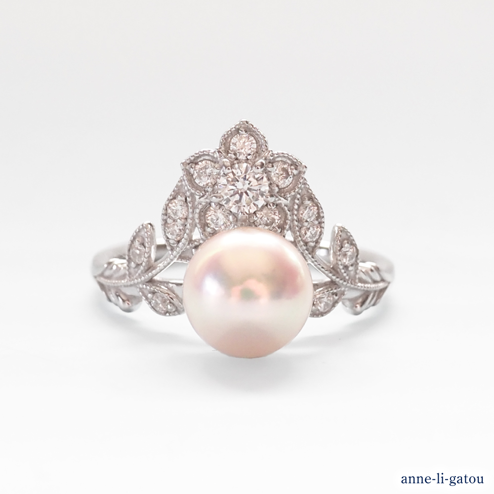 【ANNEREGARD】Pt あこや真珠ダイヤモンドリング（わすれな草）