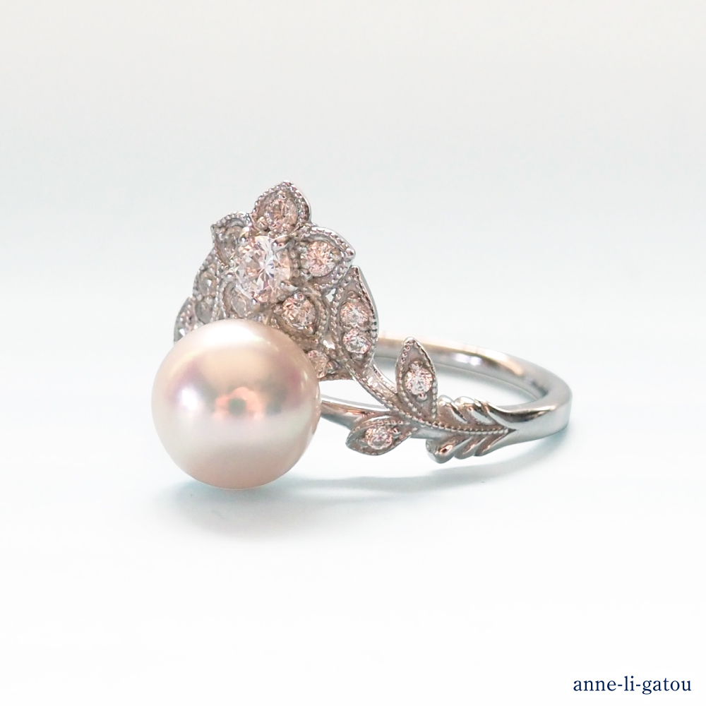 【ANNEREGARD】Pt あこや真珠ダイヤモンドリング（わすれな草）