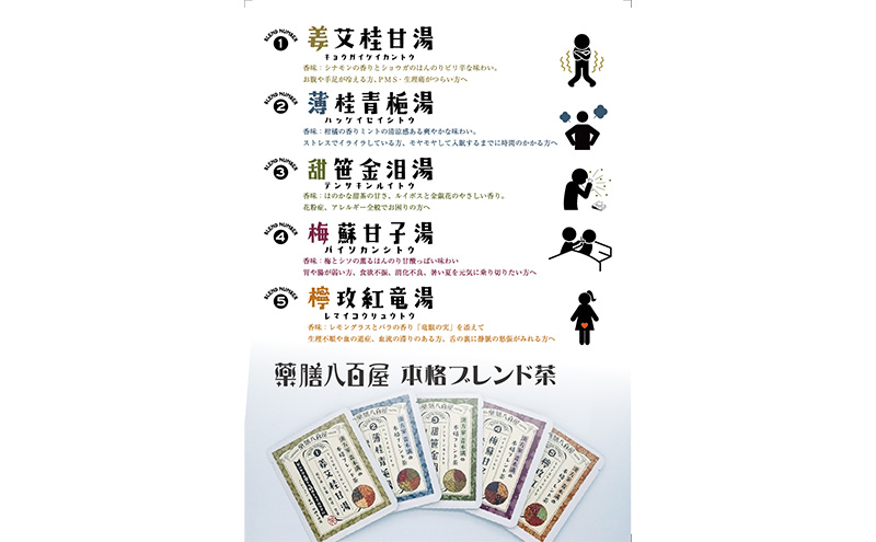 薬膳八百屋の 薬膳茶5種セット No1～5 各1袋 アソートセット 薬膳 お茶 和漢 ノンカフェイン 東京都 大田区 【離島・沖縄県配送不可】