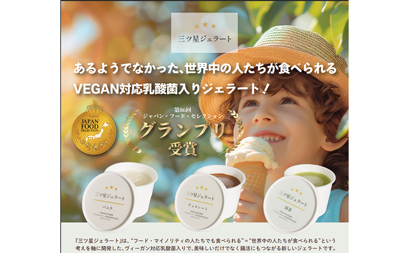 世界中の人たちが食べられる！VEGAN対応乳酸菌入り「三ツ星ジェラート」定番6個セット（バニラ×2、チョコ×2、抹茶×2）ジェラート セット アイス スイーツ 豊島区 東京