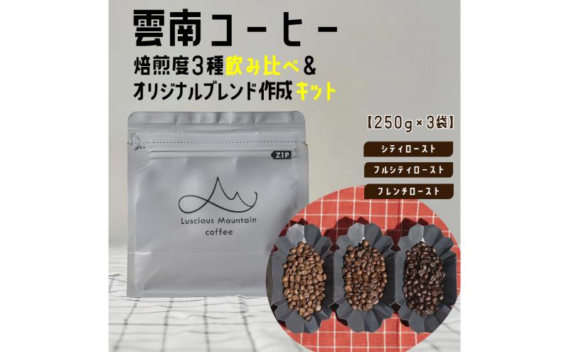 【250g×3袋】雲南コーヒー 焙煎度 3種 飲み比べ ＆ オリジナルブレンド作成キット コーヒー コーヒー豆 豆 珈琲 飲み物 飲料 飲み比べ 東京 豊島区