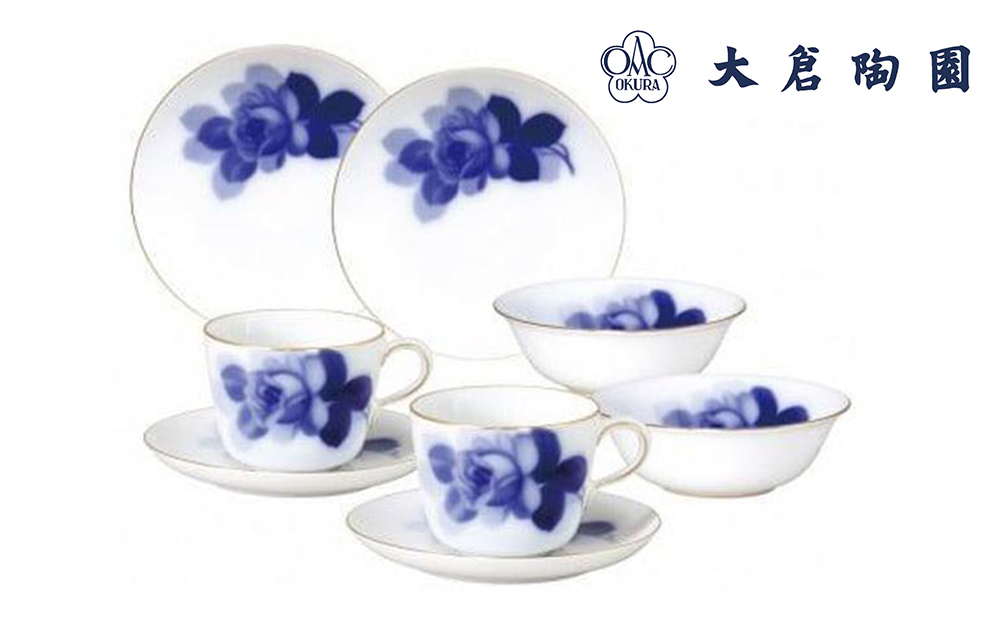 モーニング碗皿＆プレート＆ポリッジボールペアセット（ブルーローズ）〈大倉陶園〉