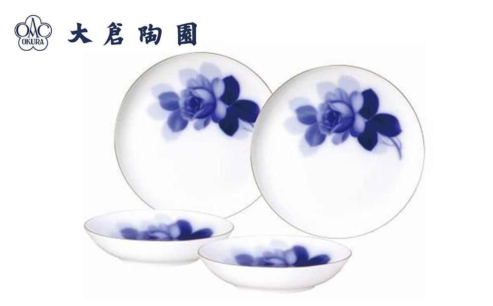 23cmプレート＆19cmスープ皿ペアセット（ブルーローズ）＜大倉陶園＞