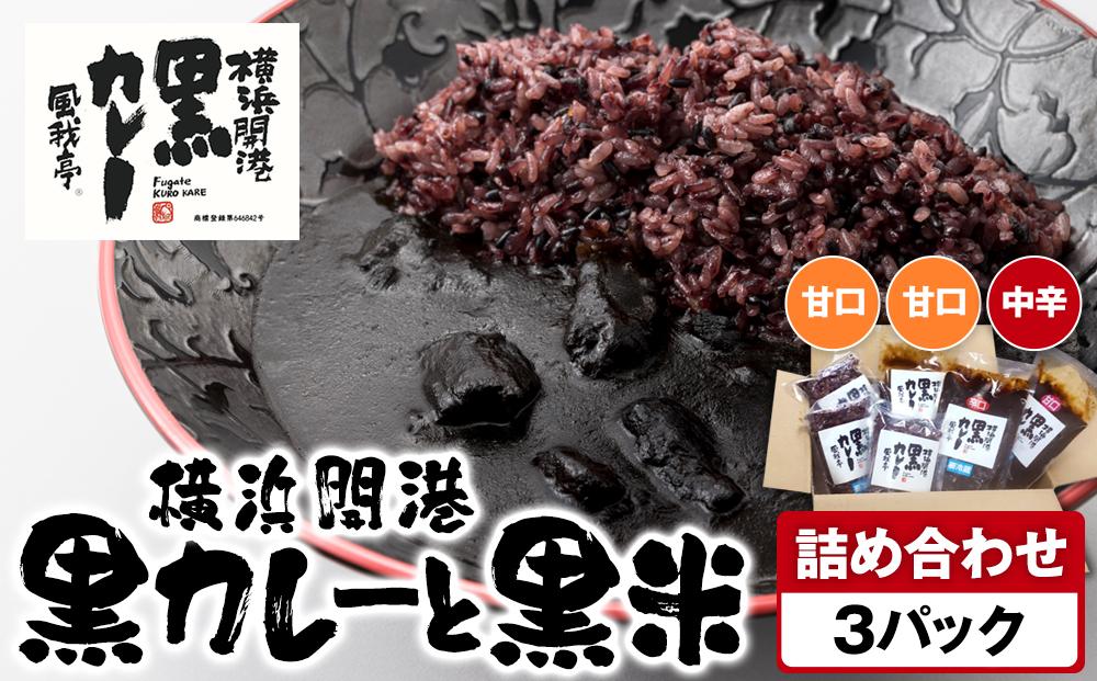 風我亭の横浜開港黒カレーと黒米の詰め合わせ　3パック【甘口2個、中辛1個】