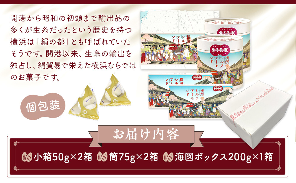 絹の都、横浜生まれの横浜シルクアーモンドセット（小箱×２、筒×２、200g×１）