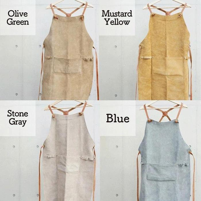 SKLO 一枚革の良さ、強さも生かす焚火エプロン（肩紐：綿）　Olive Green（オリーブグリーン）
