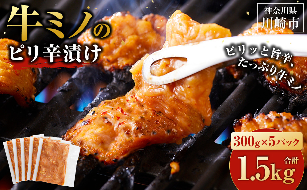 牛ミノ ピリ辛漬け 1.5kg ( 300g × 5パック ) 小分け 個包装 便利 牛肉 ホルモン ミノ 焼肉 焼き肉 お肉 肉 焼くだけ 冷凍 たれ 味付き BBQ アウトドア キャンプ 人気 おすすめ 神奈川 川崎【2026年6月発送】