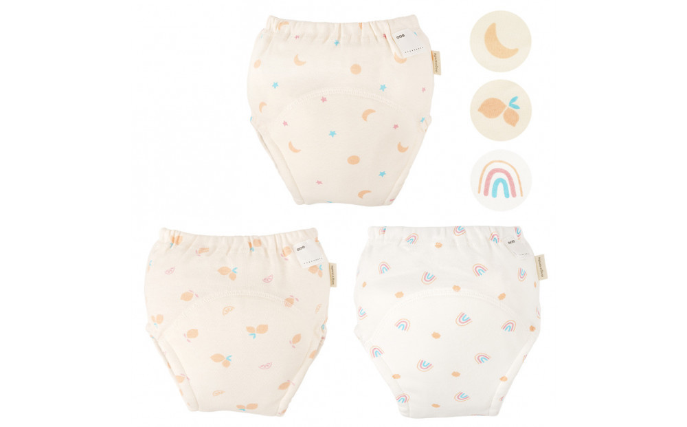 【100サイズ】「おねむうパンツ」4重トレーニングパンツ3枚セット ・C（ムーンスター、レモン、虹）