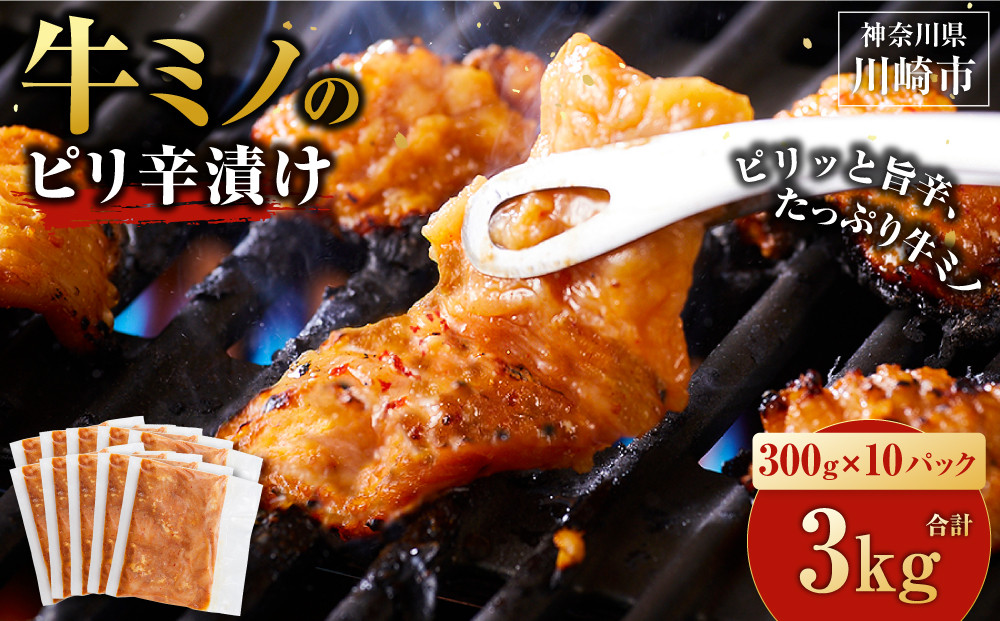 牛ミノ ピリ辛漬け 3kg ( 300g × 10パック ) 小分け 個包装 便利 牛肉 ホルモン ミノ 焼肉 焼き肉 お肉 肉 焼くだけ 冷凍 たれ 味付き BBQ アウトドア キャンプ 人気 おすすめ 神奈川 川崎【2026年6月発送】