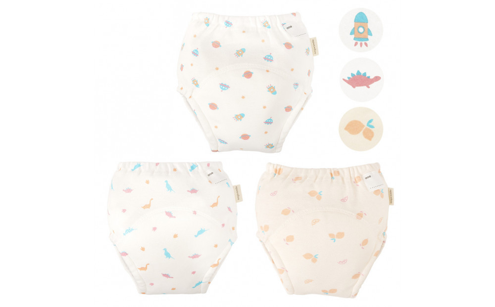 【90サイズ】「おねむうパンツ」4重トレーニングパンツ3枚セット・B（スペース、ザウルス、レモン）