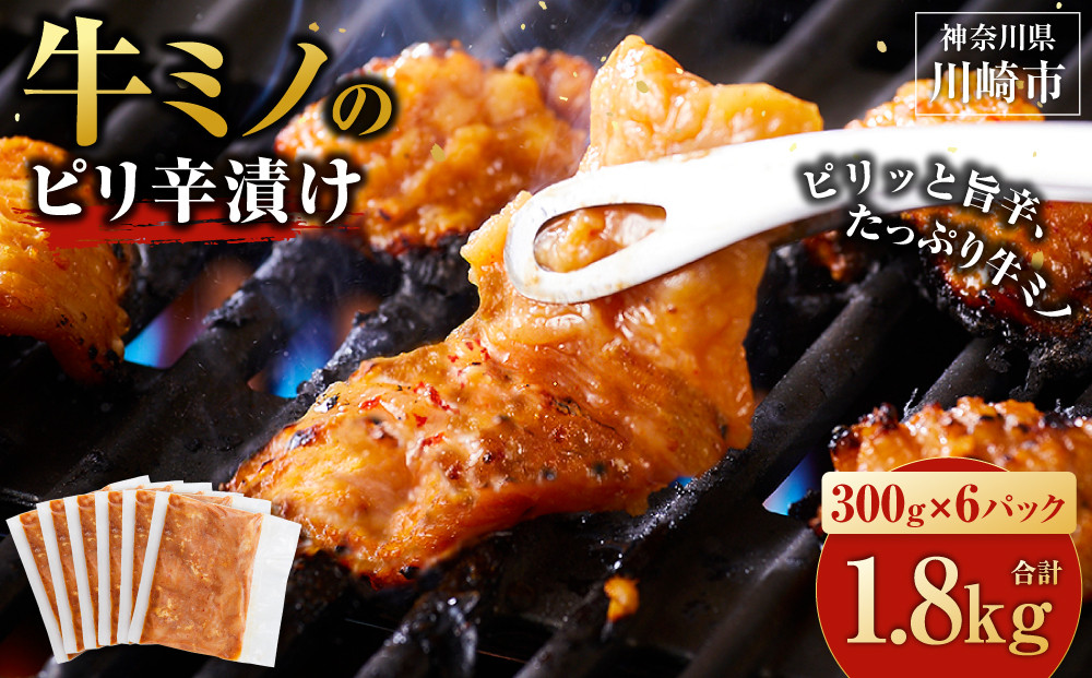牛ミノ ピリ辛漬け 1.8kg ( 300g × 6パック ) 小分け 個包装 便利 牛肉 ホルモン ミノ 焼肉 焼き肉 お肉 肉 焼くだけ 冷凍 たれ 味付き BBQ アウトドア キャンプ 人気 おすすめ 神奈川 川崎【2026年7月発送】