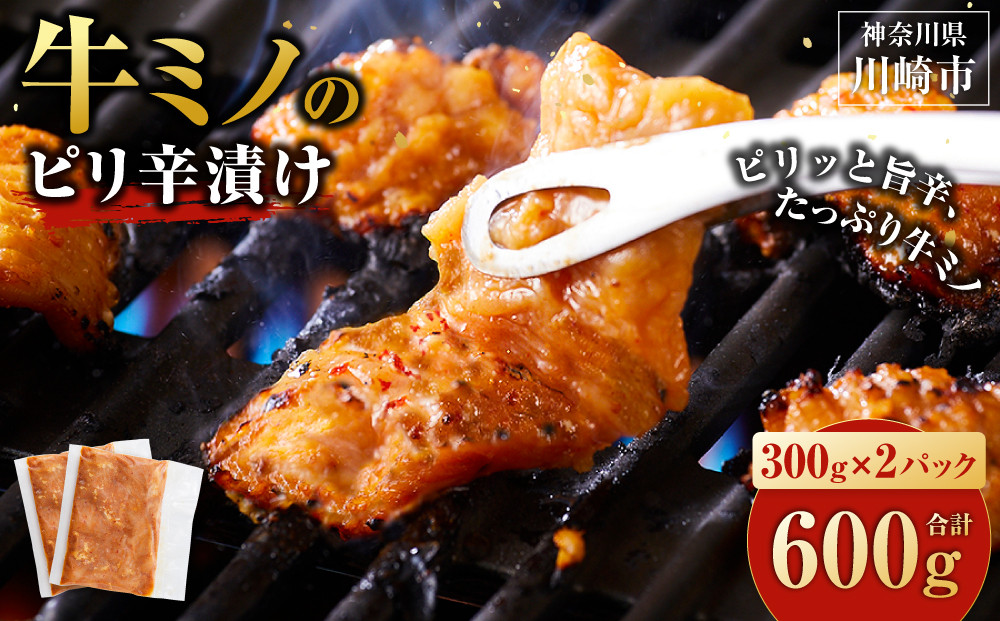 牛ミノ ピリ辛漬け 600g ( 300g ×2パック ) 小分け 個包装 便利 牛肉 ホルモン ミノ 焼肉 焼き肉 お肉 肉 焼くだけ 冷凍 たれ 味付き BBQ アウトドア キャンプ 人気 おすすめ 神奈川 川崎【順次発送】
