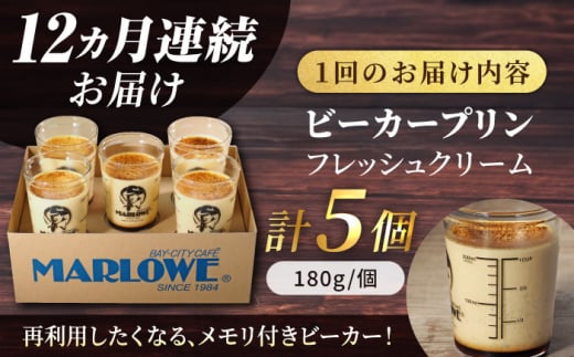 【全12回定期便】葉山ビーカープリン　北海道 フレッシュクリームプリン（180g）×5個 セット【マーロウ】 プリン ぷりん ビーカー 人気 お取り寄せ 横須賀 スイーツ 厳選 濃厚 神奈川 カラメル ご褒美 国産 なめらか 手作り   [AKAF064]