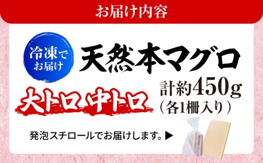 天然 本まぐろ大トロ＆中トロ 各1柵（計約450g）【横須賀商工会議所 おもてなしギフト事務局（本まぐろ直売所 横須賀本店）】 [AKAK109]