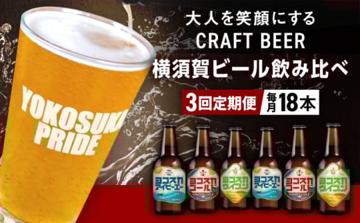 【全3回定期便】飲み比べ ビール 3種　18本セット （330ml瓶×計54本）クラフトビール 【有限会社たのし屋本舗】 [AKAE053]