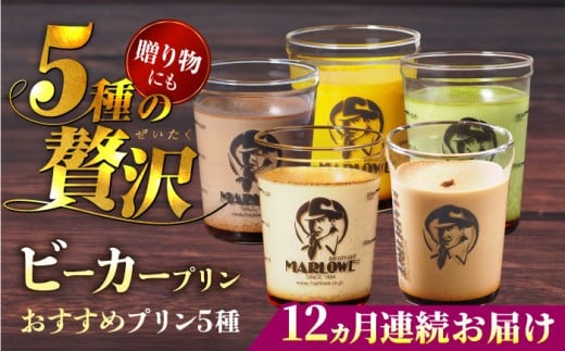 【全12回定期便】葉山ビーカープリン おすすめプリン180g×5個セット（かぼちゃ・エスプレッソ・抹茶・北海道フレッシュクリーム・チョコレート）ぷりん プリン定期 プリン詰め合わせ プリン 焼きプリン 5種 セット 葉山 人気の味 デザート スイーツ お菓子 食べ比べ ビーカー付き 贈り物 贅沢 人気 定期便 全12回【マーロウ】 [AKAF040]