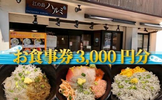 江の島 ハルミ 食事券 3000円 分 江ノ島 お食事券 グルメ券 利用券 商品券 補助券 ギフト券 ギフト チケット 老舗 食堂 お食事 御食事 ランチ 海鮮 丼 御膳 しらす 生しらす シラス 魚 刺し身 焼き魚 旅行 観光 旅行 トラベル 関東 首都圏 有限会社 江の島ハルミ 神奈川 湘南 藤沢