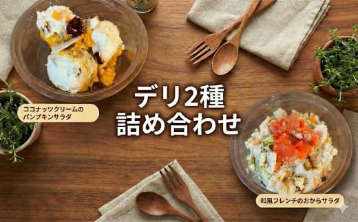 デリ 2種 詰め合わせ サラダ フレンチサラダ パンプキンサラダ パンプキン フレンチ スモーク サーモン スモークサーモン 和風 砂糖不使用 新感覚 副菜 ココナッツクリーム おから 蓮根 国産 記念日 ギフト プレゼント おかず 1品 人気 セット 誕生日  FineFoods 神奈川 湘南 藤沢