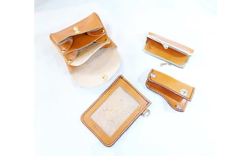 本革 小物 4点セット キャメル ( もこもこコインケース・印鑑ケース・スルーパスケース・ミニキーケース ) 牛革 栃木レザー 財布 サイフ さいふ saifu 手縫い ハンドメイド 革専門店 手作り SNAKER-handicraft 神奈川 湘南 藤沢