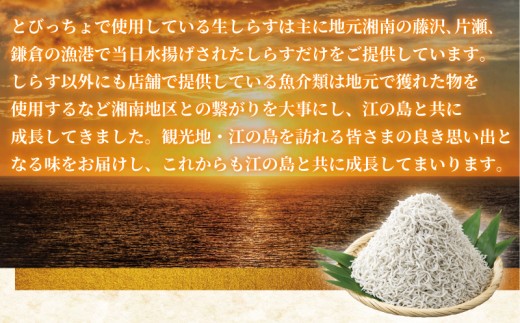 江の島 とびっちょ お食事券 優先予約券付 4名様 大人2名 子ども2名 1枚 ファミリー 海鮮 魚 さかな しらす シラス 丼  貝 サザエ ハマグリ みそ汁 新鮮 魚介 釜揚げしらす 生しらす 江ノ島 食事券 チケット 人気 観光 旅行 トラベル ランチ ディナー 昼食 夕食 神奈川 湘南 藤沢