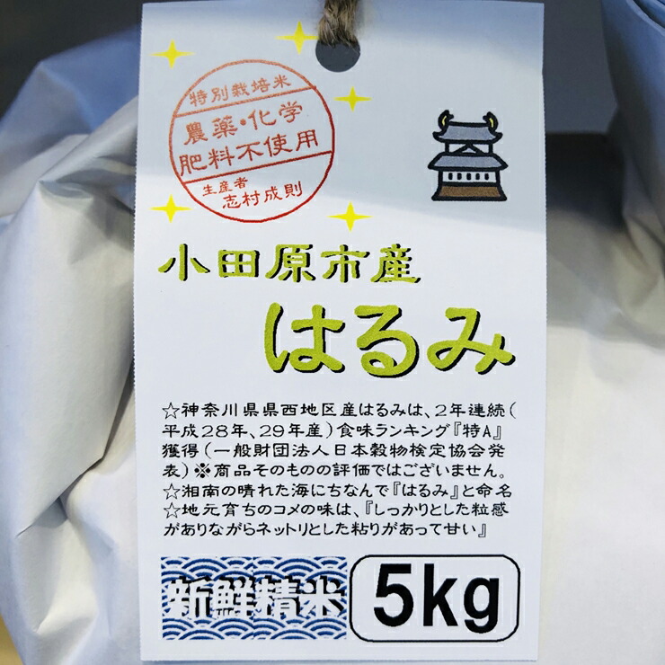  志村屋米穀店 令和6年産新米小田原市産 農薬・化学肥料不使用はるみ 新米 5kg ＜出荷時期：10月中旬より順次出荷開始＞