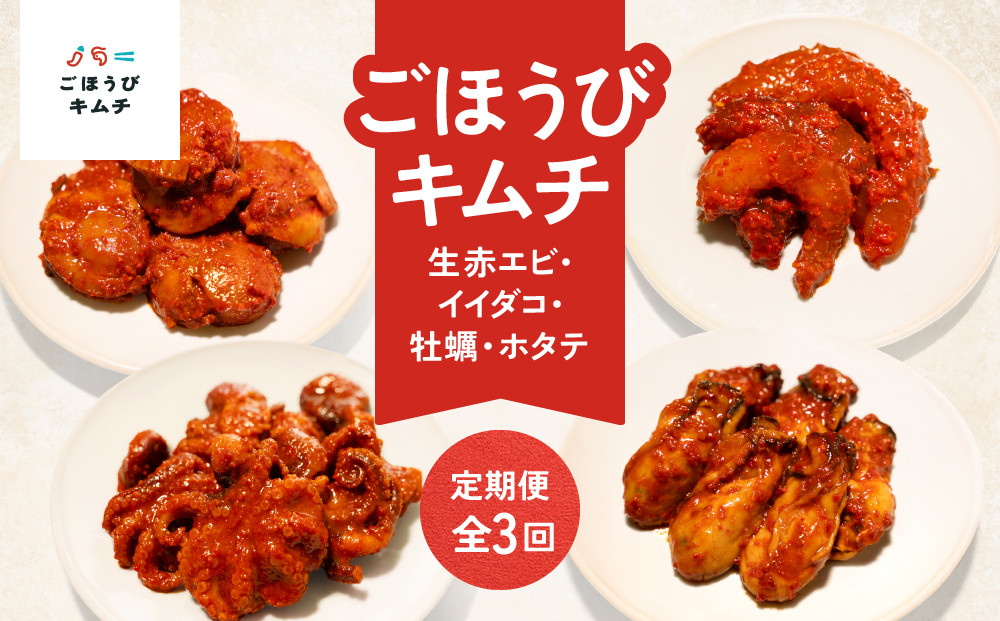 【定期便3回】ごほうびキムチ定期便（生赤エビ・イイダコ・牡蠣・ホタテ）【 キムチ 神奈川県 小田原市 】