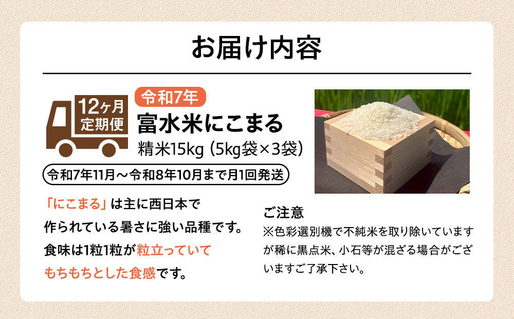 令和7年産　毎月お届け　定期便　富水米　精米　15kg×12か月　にこまる