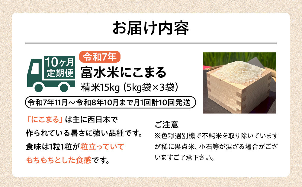 【期間限定・数量限定！】令和7年産　毎月お届け　定期便　富水米　精米　15kg×10か月　にこまる