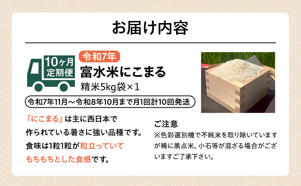 【期間限定・数量限定！】令和7年産　毎月お届け　定期便　富水米　精米　5kg×10か月　にこまる