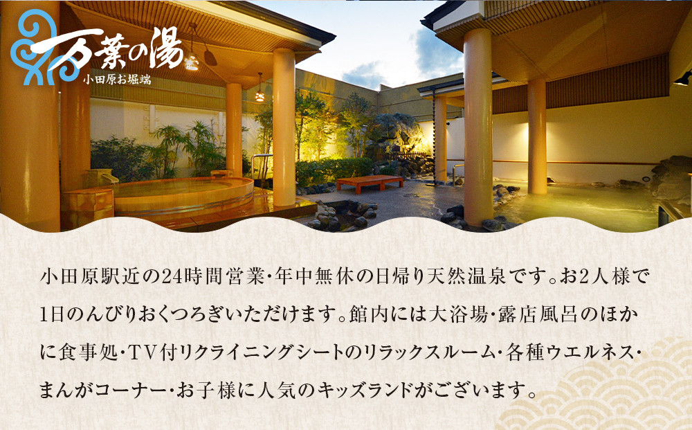 【1人でもペアでも利用可】小田原お堀端　万葉の湯ペア入館券【ペア入館券 入館券　2名様分　お2人様 旅行 温泉 日帰り 小田原駅近 キッズランド 24時間営業 年中無休 休息 プレゼント 家族 ファミリー 露店風呂 神奈川県 小田原市 】