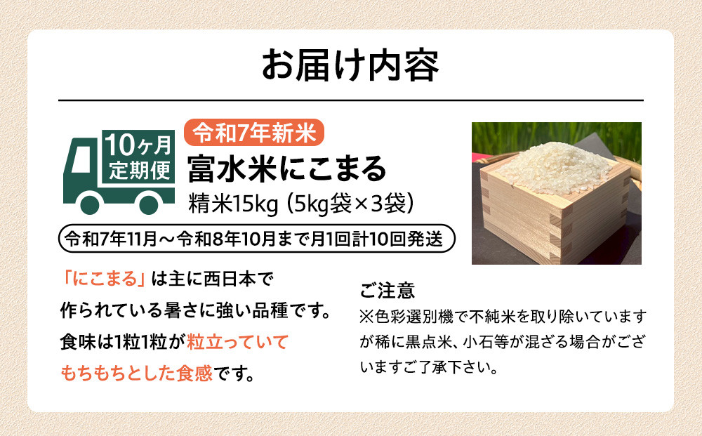 令和7年産　毎月お届け　定期便　富水米　精米　15kg×10か月　にこまる