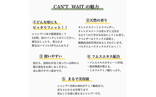 キャントウェイトシャンプー(300ml)【ヘアケア ボリューム ツヤ髪 ダメージケア　頭皮 ボディーソープ 美髪 頭皮 オールインワンシャンプー ギフト 誕生日 プレゼント サロン級のヘアケア 美容液シャンプー 神奈川県 小田原市 】