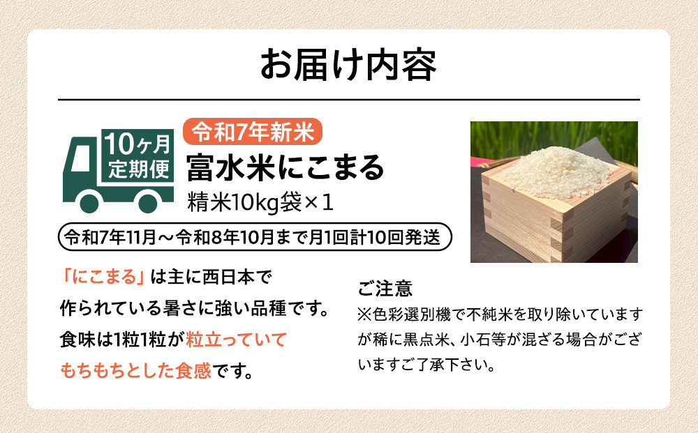 令和7年産　毎月お届け　定期便　富水米　精米　10kg×10か月　にこまる