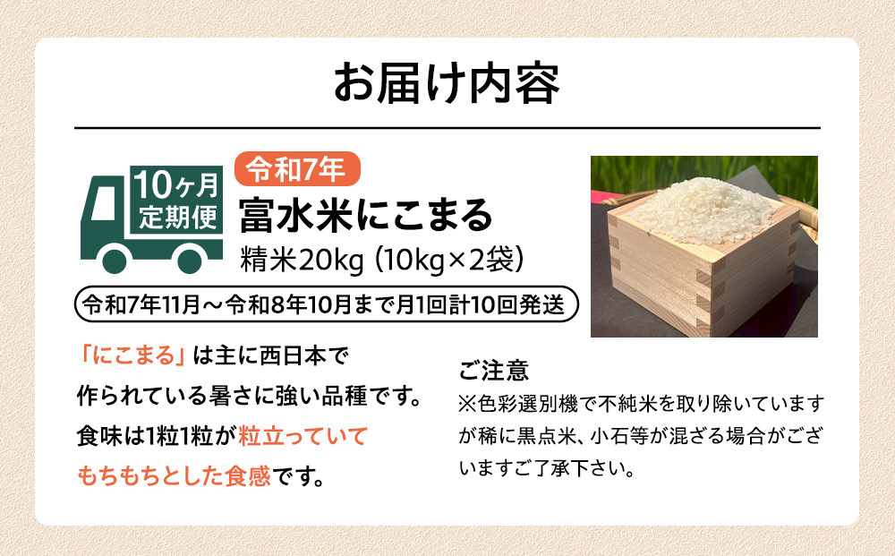 【期間限定・数量限定！】令和7年産　毎月お届け　定期便　富水米　精米　20kg×10か月　にこまる