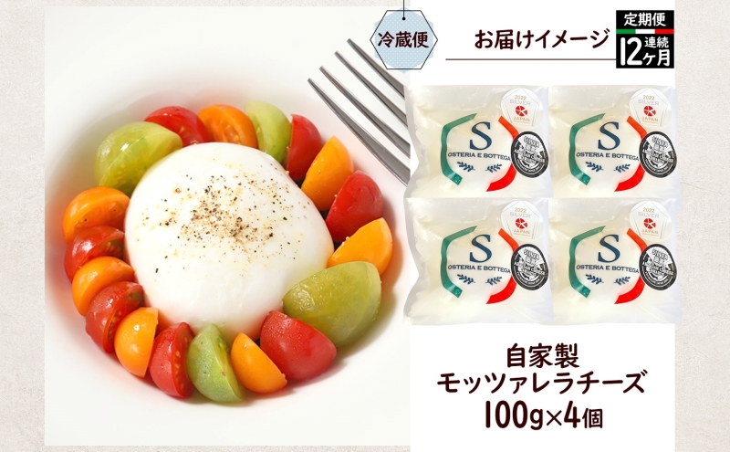  12ヶ月定期便 出来立て新鮮 モッツァレラチーズ100g  ×  4個セット 茅ケ崎産 加工食品 乳製品 チーズ 出来立て 神奈川県産 モッツァレラ 手作り Osteria e Bottega S 神奈川県 湘南 茅ケ崎 フレッシュチーズ  おつまみ ピザ