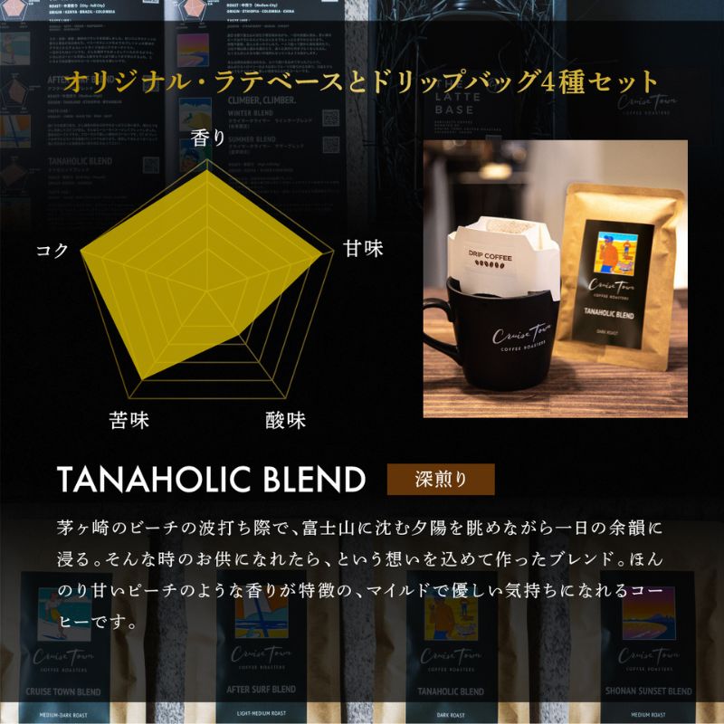 定期便 隔月 4回【茅ヶ崎のスペシャルティコーヒー専門ロースター】CRUISE TOWN COFFEE ROASTERS オリジナル・ラテベースとドリップバッグ4種セット 飲料 コーヒー豆 ナッツの香り 優しい酸味 コク 