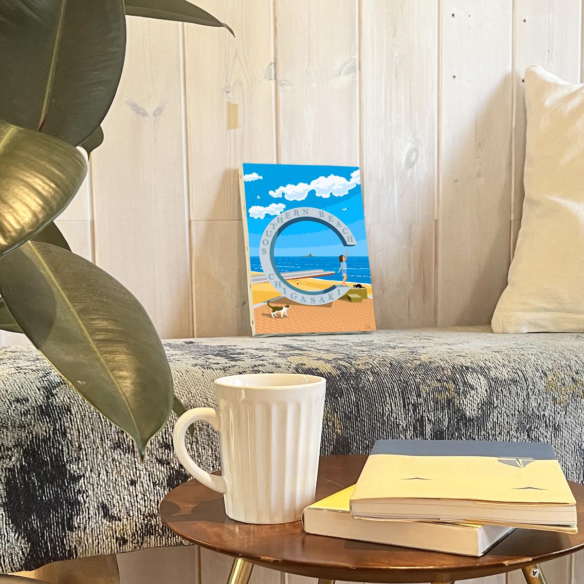 湘南・茅ヶ崎で描く、海を感じるイラストアート 『 湘南ランドスケープ06：届くかな...サザンC 』　キャンバスアートパネル（小） /絵画 風景 犬 猫