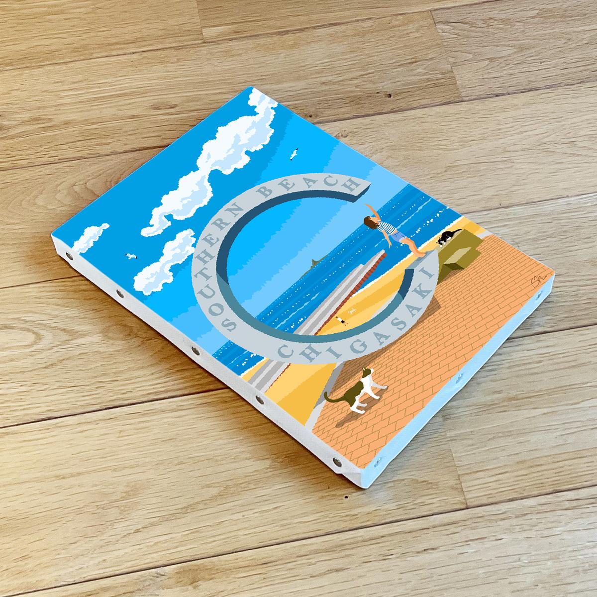 湘南・茅ヶ崎で描く、海を感じるイラストアート 『 湘南ランドスケープ06：届くかな...サザンC 』　キャンバスアートパネル（小） /絵画 風景 犬 猫