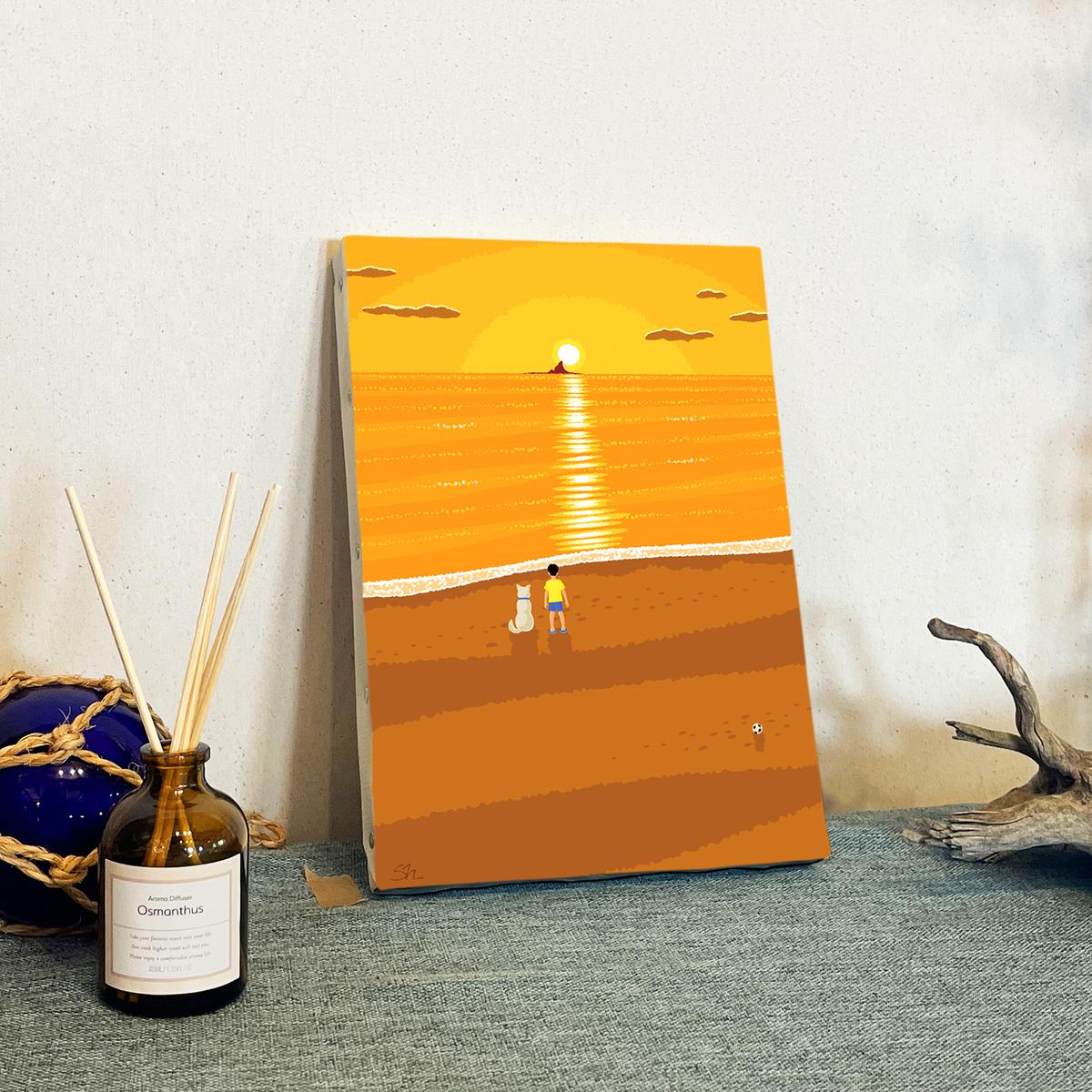 湘南・茅ヶ崎で描く、海を感じるイラストアート 『 湘南ランドスケープ07：夕焼け、光の道 』　キャンバスアートパネル（小） /絵画 風景 犬 猫