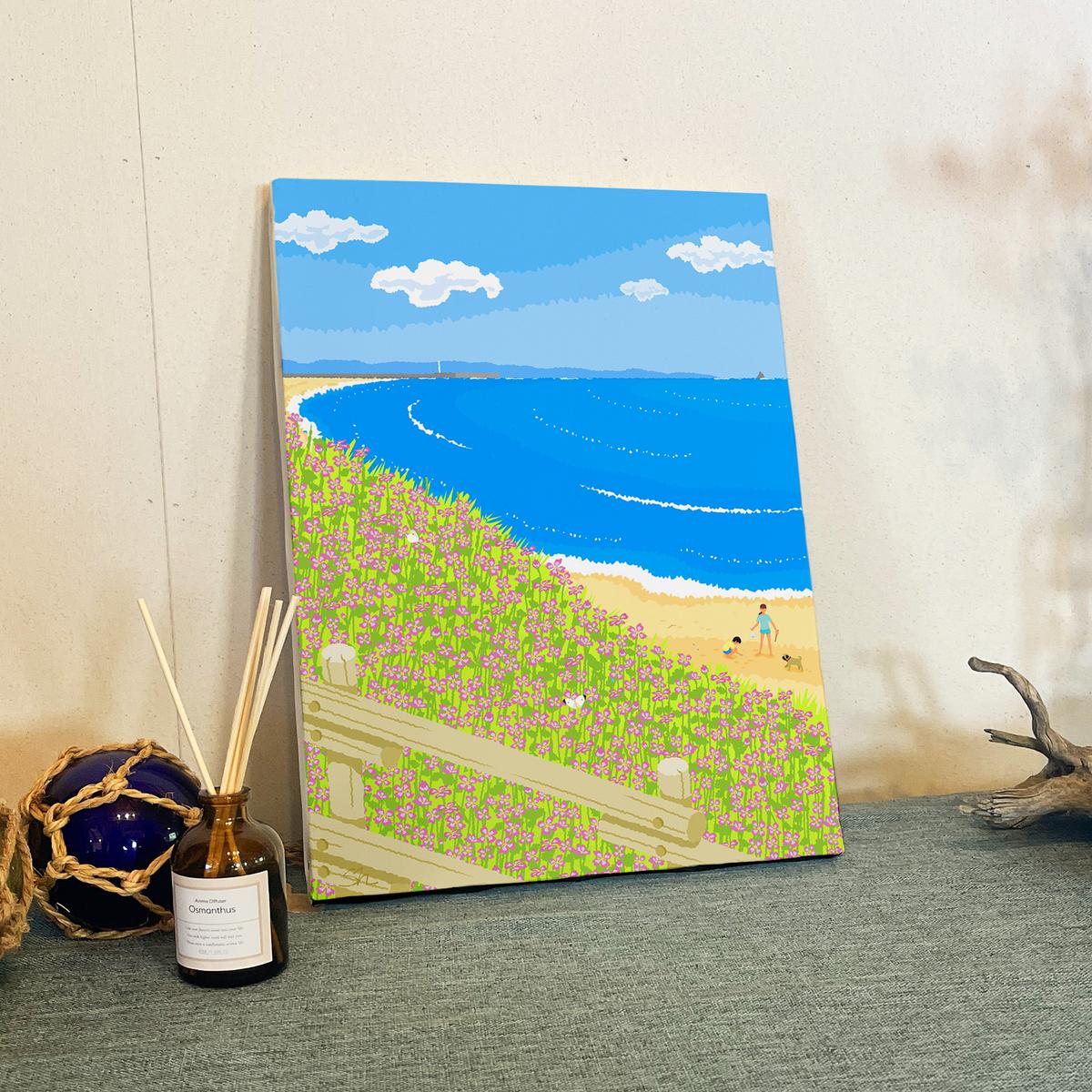 湘南・茅ヶ崎で描く、海を感じるイラストアート 『 湘南ランドスケープ08：海辺のハマダイコン 』　キャンバスアートパネル（中） /絵画 風景 犬 猫