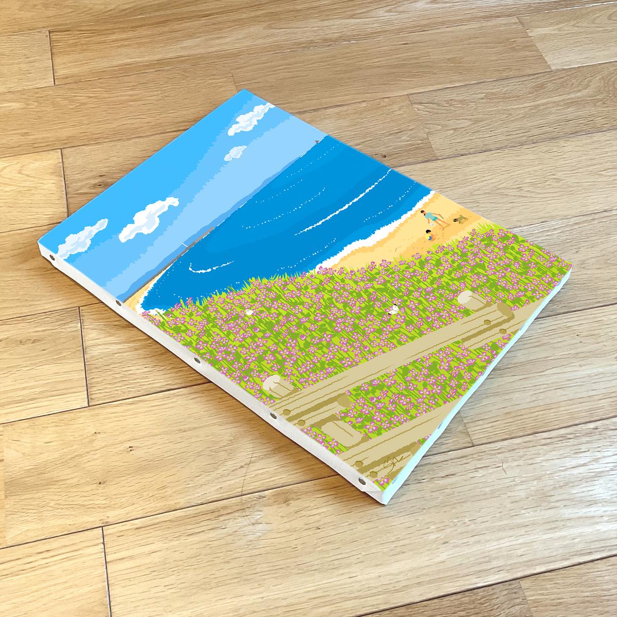 湘南・茅ヶ崎で描く、海を感じるイラストアート 『 湘南ランドスケープ08：海辺のハマダイコン 』　キャンバスアートパネル（中） /絵画 風景 犬 猫