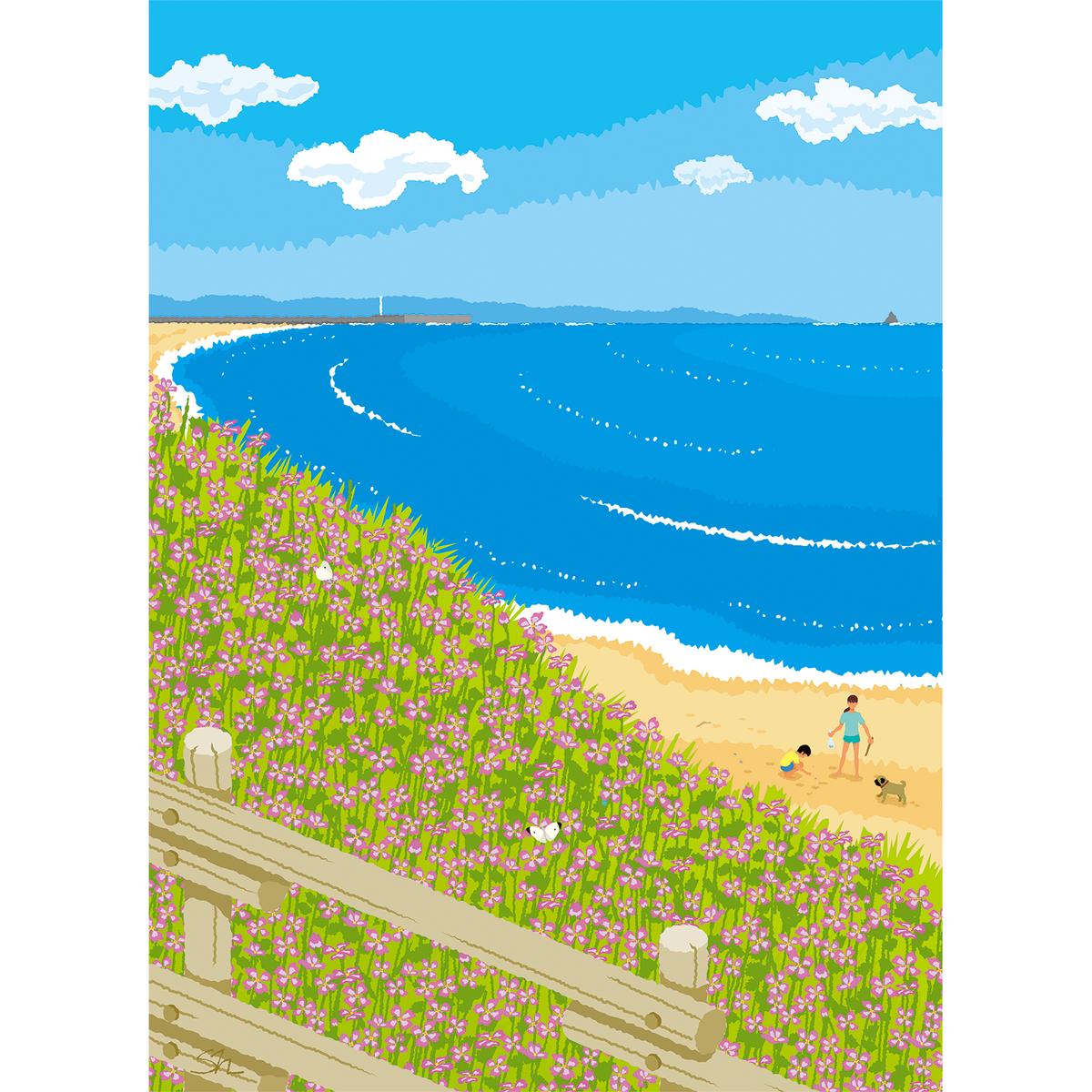湘南・茅ヶ崎で描く、海を感じるイラストアート 『 湘南ランドスケープ08：海辺のハマダイコン 』　キャンバスアートパネル（中） /絵画 風景 犬 猫